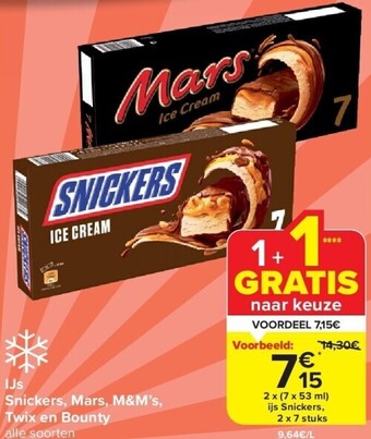 Carrefour Ijs snickers, mars, m&m’s, twix en bounty aanbieding