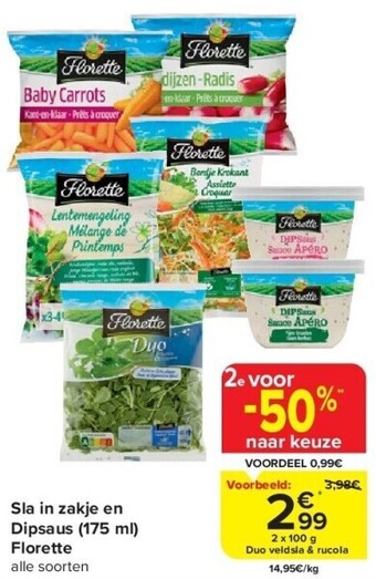 Carrefour Sla in zakje en dipsaus (175 ml) florette aanbieding