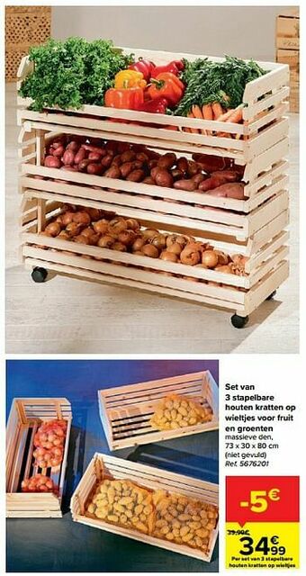 Carrefour Set van 3 stapelbare houten kratten op wieltjes voor fruit en groenten aanbieding