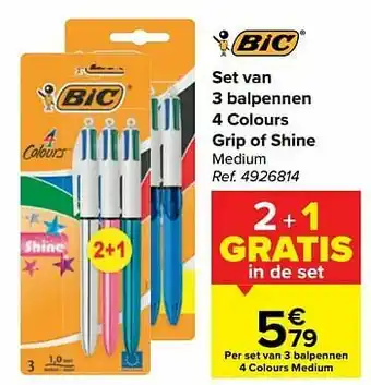 Carrefour Set van 3 balpennen 4 colours grip of shine aanbieding