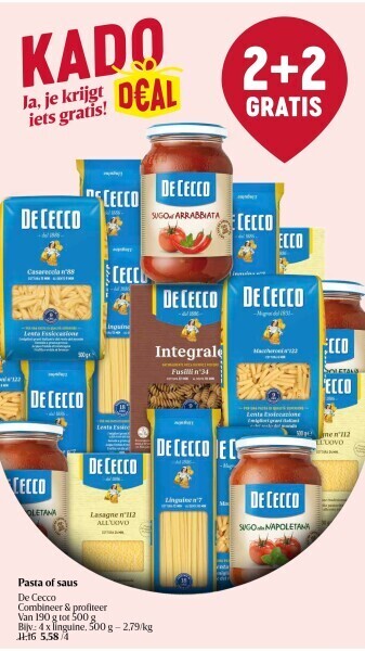 Delhaize Pasta of saus de cecco aanbieding