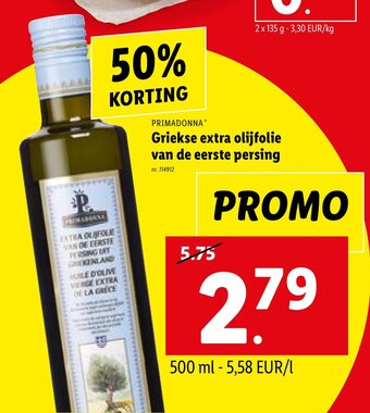 Lidl PRIMADONNA Griekse extra olijfolie van de eerste persing aanbieding