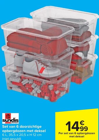 Carrefour Sundis Platisque Set van 6 doorzichtige opbergdozen met deksel 6 L, 35,5 x 20,5 x H 12 cm aanbieding