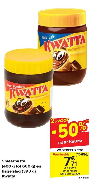 Carrefour KWATTA Smeerpasta (400 g tot 600 g) en hagelslag (390 g) aanbieding