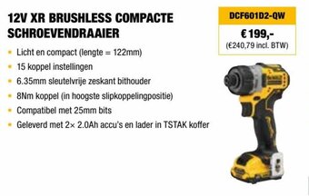 DeWALT DCF601D2-QW 12V XR BRUSHLESS COMPACTE SCHROEVENDRAAIER aanbieding