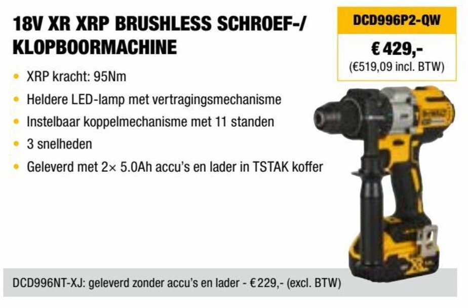 DeWALT 18V XR XRP BRUSHLESS SCHROEF-/ KLOPBOORMACHINE DCD996P2-QW aanbieding