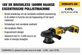 DCM848P2-QW 18V XR BRUSHLESS 180MM HAAKSE EXCENTRISCHE POLIJSTMACHINE