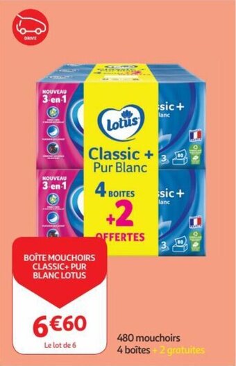 Auchan BOÎTE MOUCHOIRS CLASSIC+PUR BLANC LOTUS aanbieding