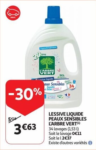 Auchan LESSIVE LIQUIDE PEAUX SENSIBLES L'ARBRE VERT aanbieding