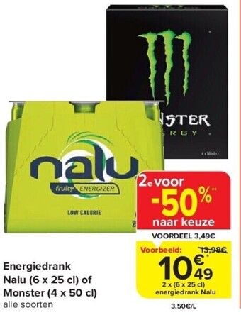 Carrefour Energiedrank nalu (6 x 25 cl) of monster (4 x 50 cl) aanbieding