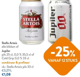 OKay Stella Artois alle blikken of Jupiler pils 25 cl, 0,0 % 35,5 cl of Cold Grip 0,0 % 33 cl aanbieding