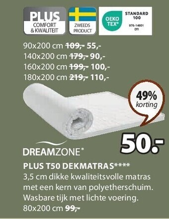 Jysk Plus t50 dekmatras aanbieding