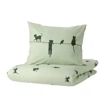 IKEA Barndröm dekbedovertrek en kussensloop, kattenpatroon/groen, 150x200/50x60 cm aanbieding