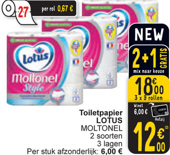Cora Toiletpapier LOTUS MOLTONEL 3 x 9 rollen aanbieding