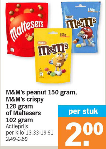 Albert Heijn M&m's peanut 150 gram, m&m's crispy 128 gram of maltesers 102 gram aanbieding