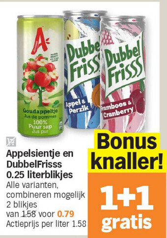 Albert Heijn Appelsientje en dubbelfrisss 0.25 literblikjes aanbieding
