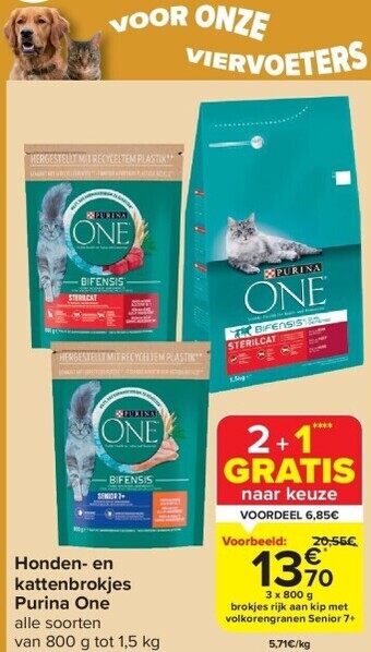 Carrefour Honden- en kattenbrokjes purina one aanbieding