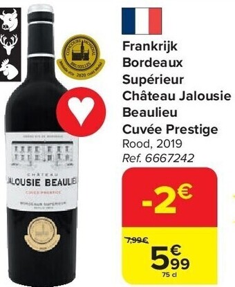 Carrefour Frankrijk bordeaux supérieur château jalousie beaulieu cuvée prestige aanbieding