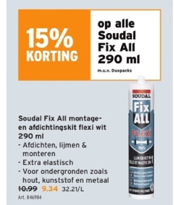 GAMMA Soudal fix all montage- en afdichtingskit flexi wit 290 ml aanbieding