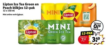 Kruidvat Lipton ice tea green en peach blikjes 12-pak aanbieding