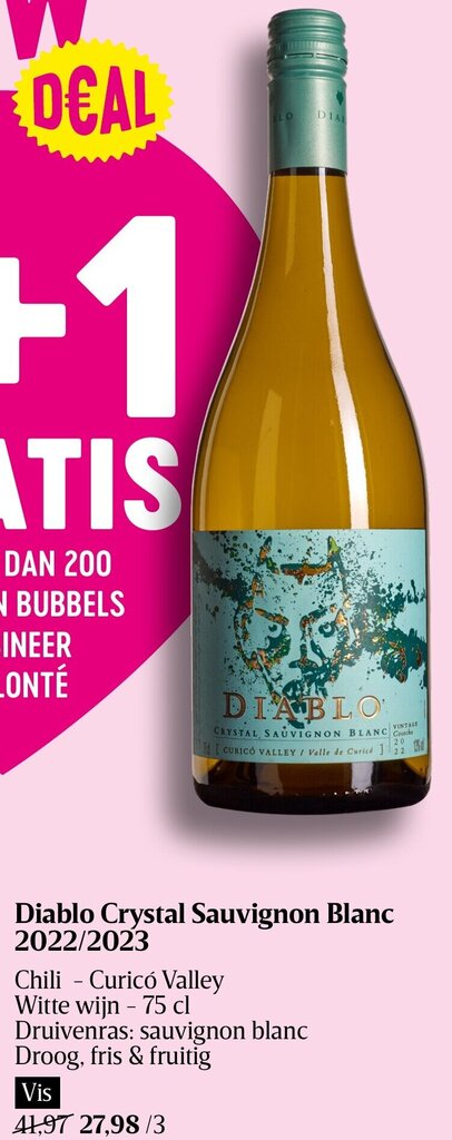 Delhaize Diablo Crystal Sauvignon Blanc 2022/2023 Witte wijn - 75 cl aanbieding
