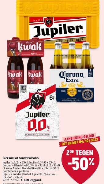 Delhaize Bier met of zonder alcohol Jupiler Jupiler 0,0% , Corona - Klassiek of 0,0% of Kwak Amber, Blond of Rood aanbieding