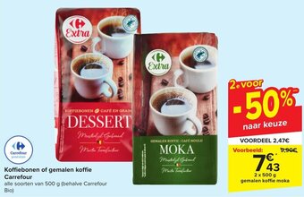 Carrefour Market Koffiebonen of gemalen koffie Carrefour 2 x 500g aanbieding