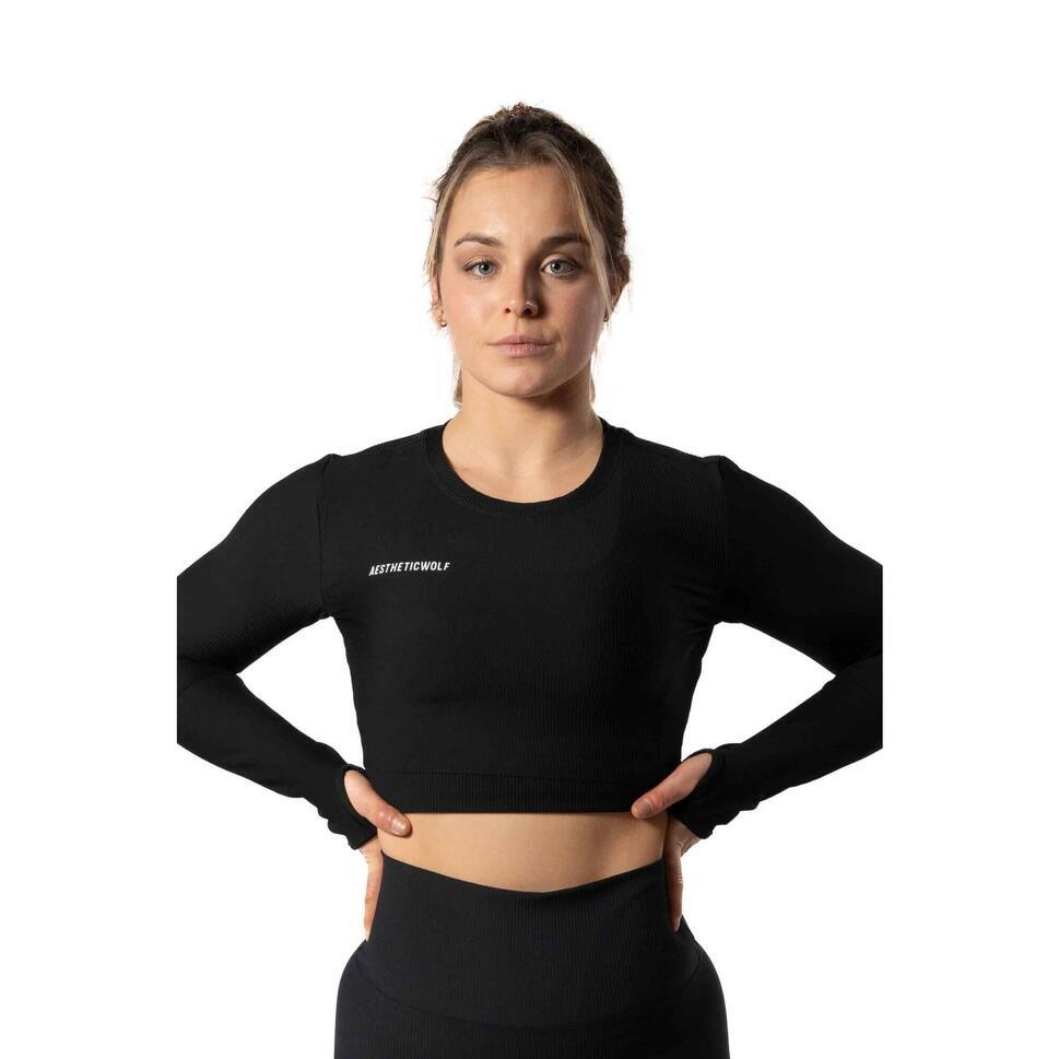 Geribbelde v2 long sleeve crop top voor fitness zwart promotie bij