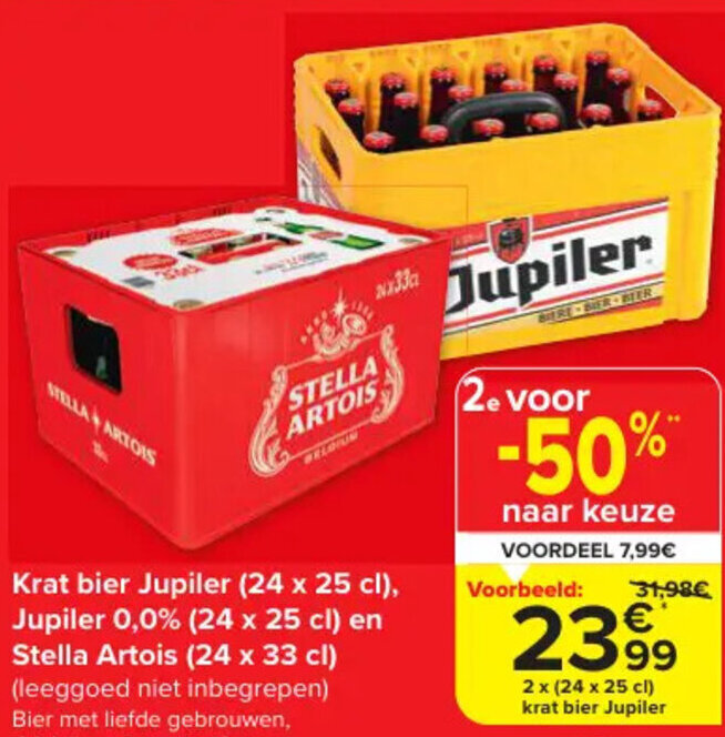 Krat bier Jupiler (24 x 25 cl), Jupiler 0,0 (24 x 25 cl) en Stella Artois (24 x 33 cl) promotie