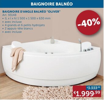 BAIGNOIRE D'ANGLE BALNÉO OLIVER 1500 x 1500 x 630 mm