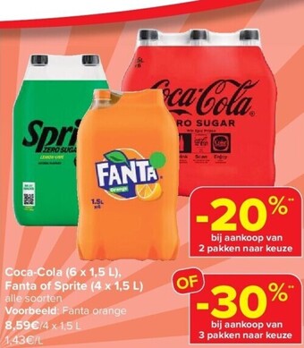 Carrefour Coca-cola (6 x 1,5 l), fanta of sprite (4 x 1,5 l) aanbieding