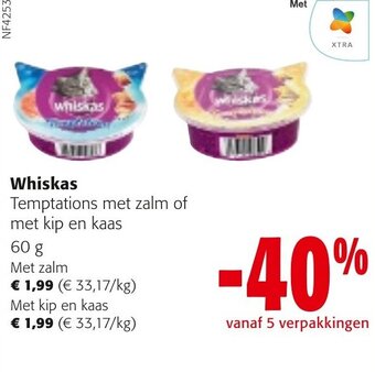 Colruyt Whiskas Temptations met zalm of met kip en kaas 60g aanbieding