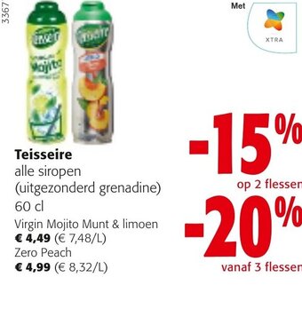 Colruyt Teisseire Virgin Mojito Munt & limoen 60cl ofVirgin Mojito Munt & limoen € 4,49 (€ 7,48/L) Zero Peach Zero Peach 60cl aanbieding