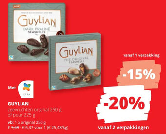 Spar Colruyt GUYLIAN zeevruchten original 250 g of puur 225 g aanbieding