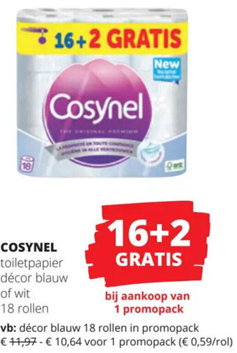 Spar Colruyt COSYNEL toiletpapier décor blauw of wit 18 rollen aanbieding