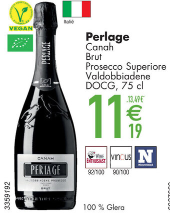 Cora Perlage Canah Brut Prosecco Superiore Valdobbiadene DOCG, 75 cl aanbieding