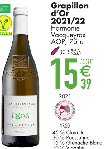 Cora Grapillon d'Or 2021/22 Harmonie Vacqueyras AOP, 75 cl aanbieding