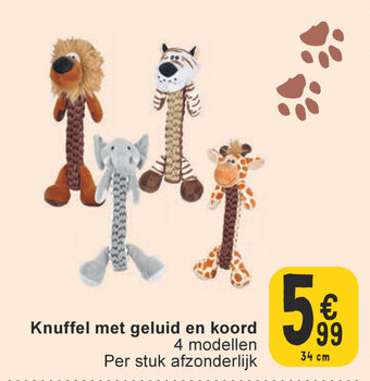Knuffel met geluid en koord 34 cm
