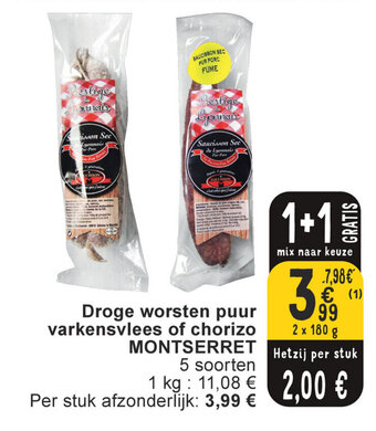 Cora Droge worsten puur varkensvlees of chorizo MONTSERRET aanbieding