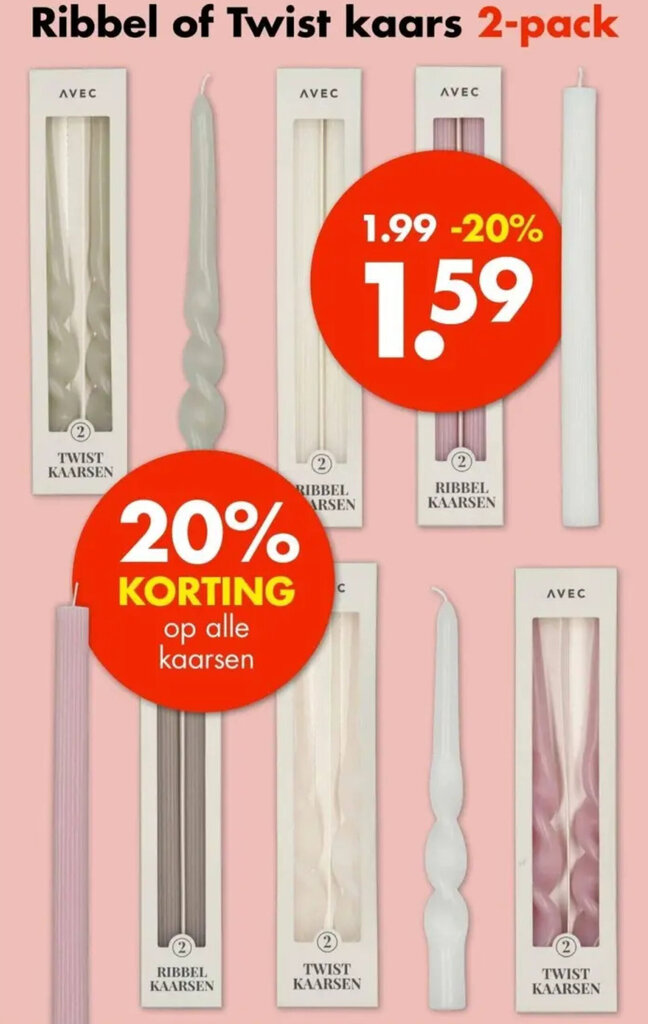 Wibra Ribbel of Twist kaars 2-pack aanbieding