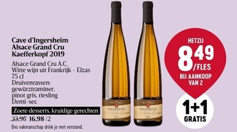 Delhaize Cave d’ingersheim alsace grand cru kaefferkopf 2019 aanbieding