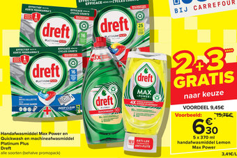 Carrefour Dreft Handafwasmiddel Max Power en Quickwash en machineafwasmiddel Platinum Plus 5 x 370ml aanbieding
