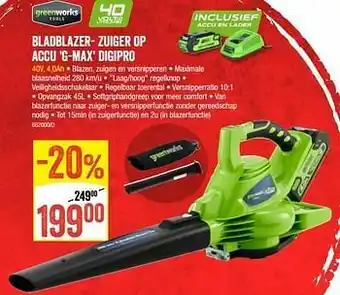 HandyHome Greenworks bladblazer- zuiger op accu g-max digipro aanbieding