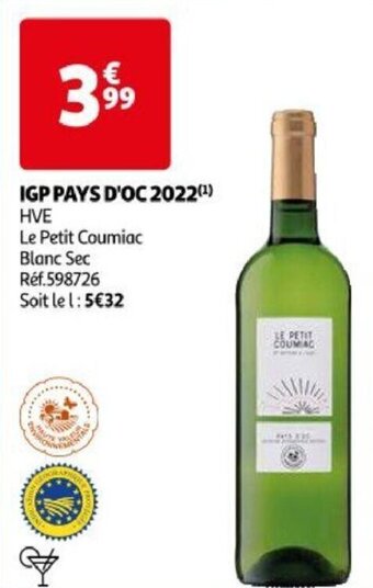 Auchan IGP PAYS D'OC 2022 HVE Le Petit Coumiac Blanc Sec aanbieding