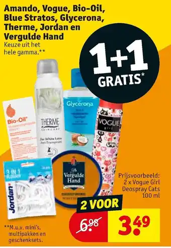 Kruidvat Amando, Vogue, Bio-Oil, Blue Stratos, Glycerona, Therme, Jordan en Vergulde Hand aanbieding