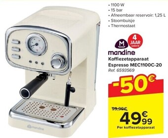 Carrefour Koffi ezetapparaat espresso mec1100c-20 aanbieding