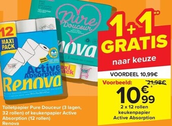 Toiletpapier pure douceur (3 lagen, 32 rollen) of keukenpapier active absorption (12 rollen) renova