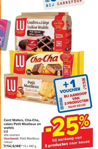 Carrefour Cent wafers, cha-cha, cakes petit moelleux en wafels lu aanbieding