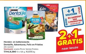 Carrefour Honden- en kattensnacks dentalife, adventuros, felix en friskies aanbieding