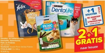 Carrefour Honden- en kattensnacks dentalife, adventuros, felix en friskies aanbieding